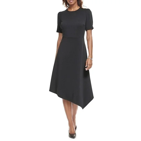 Karl Lagerfeld Paris Dress Womens 8 Black Asymmetrical Hem Puff Sleeve Midi NWT - Picture 1 of 8